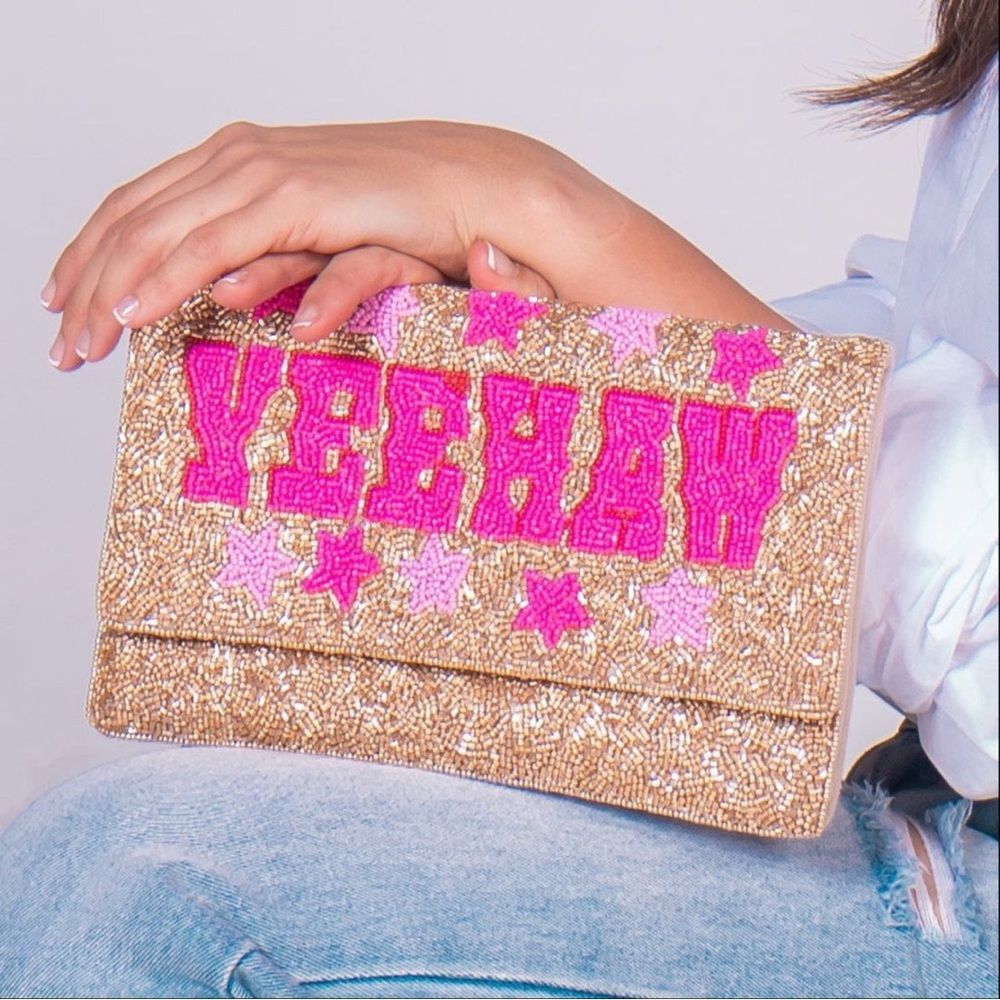 Gold Beaded “YEE-HAW” Clutch with Pink Embroidery